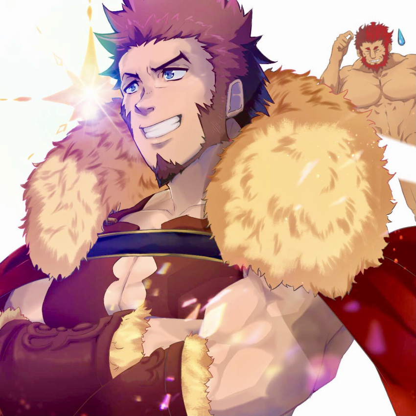 2boys alternate_costume armor bara beard blank_censor blue_eyes borrowed_garments bracer breastplate brown_hair cape censored cleavage_cutout clothing_cutout completely_nude cosplay crossed_arms facial_hair fate/grand_order fate_(series) flying_sweatdrops fur-trimmed_cape fur_trim gatta_(gatta_reve_cat) goatee grin iskandar_(fate) iskandar_(fate)_(cosplay) large_pectorals leather long_sideburns looking_to_the_side male_cleavage male_focus mature_male multiple_boys muscular muscular_male napoleon_bonaparte_(fate) nude red_cape red_hair scar scar_on_chest short_hair sideburns smile solo_focus sparkle upper_body