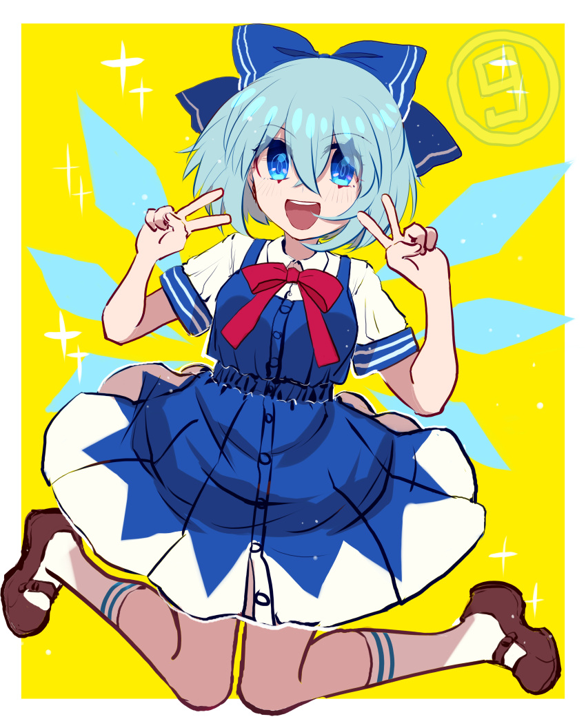 (9) 1girl absurdres blue_eyes blue_hair bow bowtie brown_footwear cirno commentary_request double_v eyebrows_visible_through_hair full_body hair_bow highres ice ice_wings open_mouth red_neckwear shaojiujiu shirt short_hair simple_background smile solo sparkle touhou v white_shirt wings