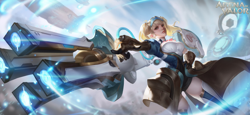 arena_of_valor blonde_hair breasts character_request closed_mouth clothing_request commentary commentary_request english_text gloves highres large_breasts pointing space_craft tagme thighhighs watermark web_address y_xun