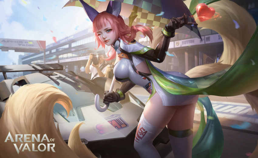arena_of_valor blue_eyes breasts car character_request closed_mouth clothing_request commentary ears english_text fluffy ground_vehicle heart highres large_breasts motor_vehicle one_eye_closed racetrack sparkle tagme tail thighhighs y_xun