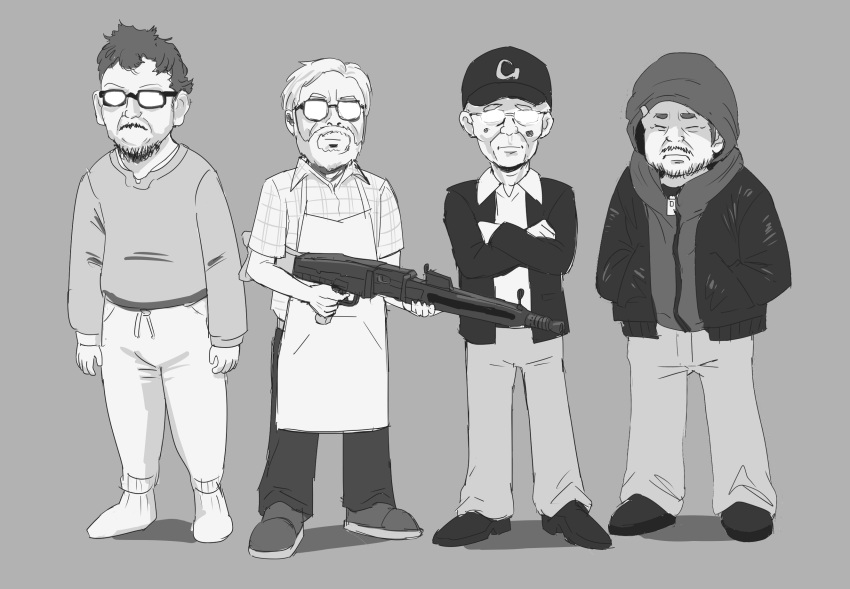 4boys anno_hideaki_(character) apron beard character_request chibi closed_eyes collared_shirt crossed_arms facial_hair frown glasses glowing glowing_eyes grey_background greyscale gun hair_behind_ear hands_in_pocket highres holding holding_gun holding_weapon hood hood_up jacket miyazaki_hayao_(person) monochrome multiple_boys mustache old old_man open_hands pants real_life shirt sweater sweatpants tomino_yoshiyuki weapon yy_203