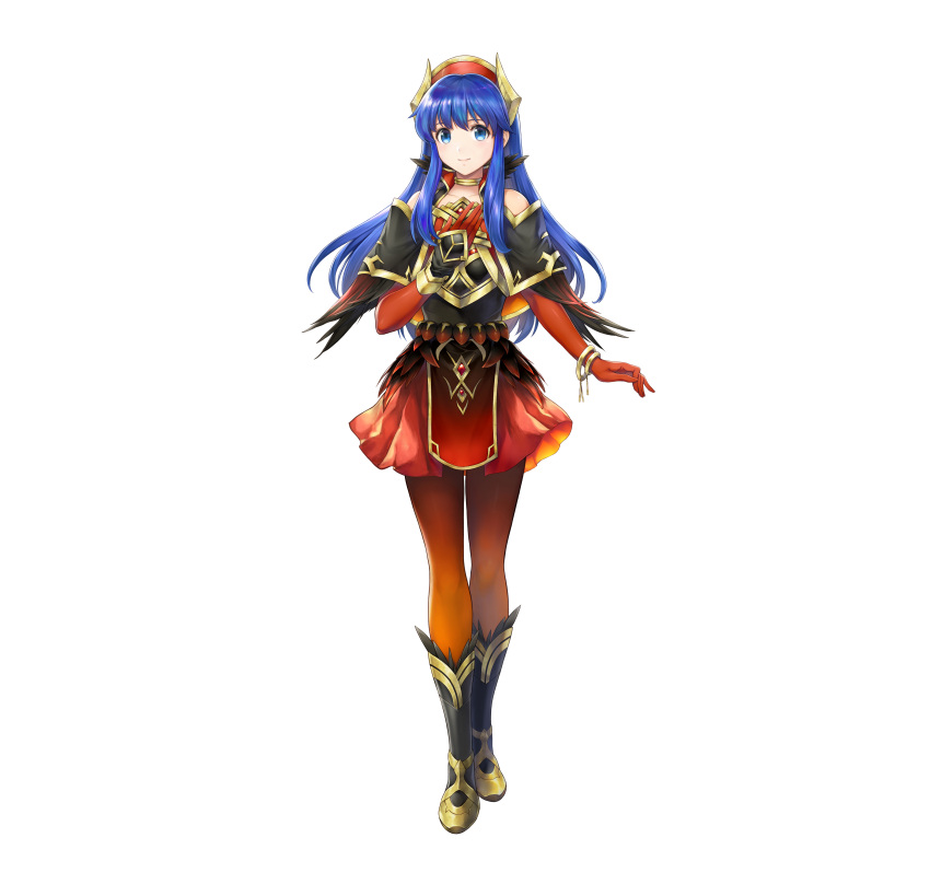 1girl absurdres alternate_costume armor bangs bare_shoulders blue_eyes blue_hair boots bracelet closed_mouth collarbone commentary_request elbow_gloves feather_trim fire_emblem fire_emblem:_the_binding_blade fire_emblem_heroes full_body gloves gold_trim gradient gradient_clothes hand_on_own_chest hat highres jewelry lilina_(fire_emblem) lips long_hair looking_at_viewer miniskirt official_art pantyhose red_gloves red_skirt shiny shiny_hair shiny_skin simple_background skirt smile solo standing white_background yamada_koutarou