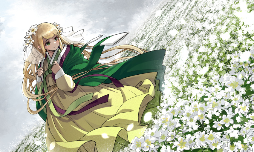 1girl blonde_hair closed_mouth field flower flower_field green_eyes hair_flower hair_ornament hanbok highres jacket jacket_on_shoulders korean_clothes long_sleeves original outdoors petals sky solo white_flower yong-gok