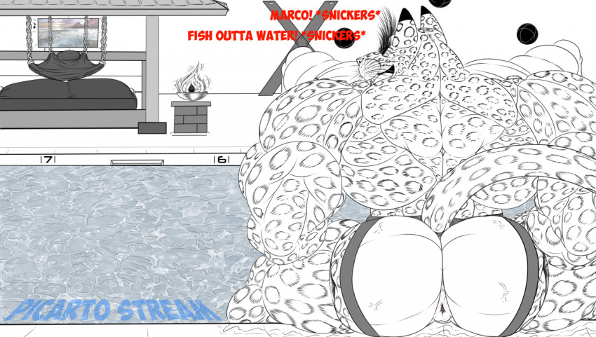 anthro anus back_muscles biceps big_butt big_muscles black_and_white butt clothing donut_anus felid felidae feline fur huge_muscles hyper hyper_muscles leopard looking_at_viewer looking_back male mammal monochrome muscular muscular_anthro muscular_male open_mouth pantherine poolside presenting puffy_anus rubberkitten rubberkitten_(character) smile solo spots stream_announcement swimming_pool swimwear text vein water