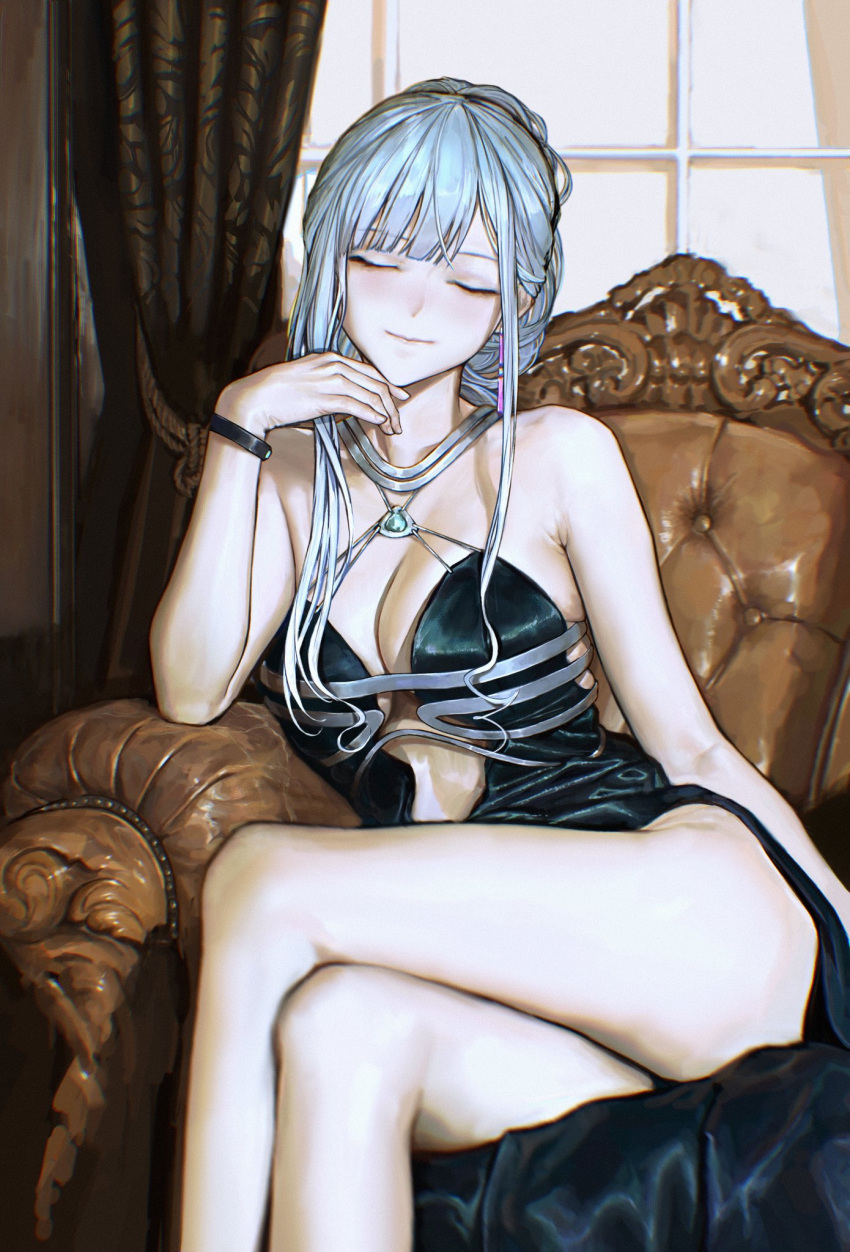 1girl ak-12_(girls_frontline) bangs bare_shoulders blue_dress bracelet breasts center_opening chair cleavage closed_eyes closed_mouth crossed_legs curtains dress evening_gown eyebrows_visible_through_hair finger_to_own_chin girls_frontline halterneck highres iuui jewelry large_breasts long_hair pale_skin sidelocks silver_hair sitting thighs window
