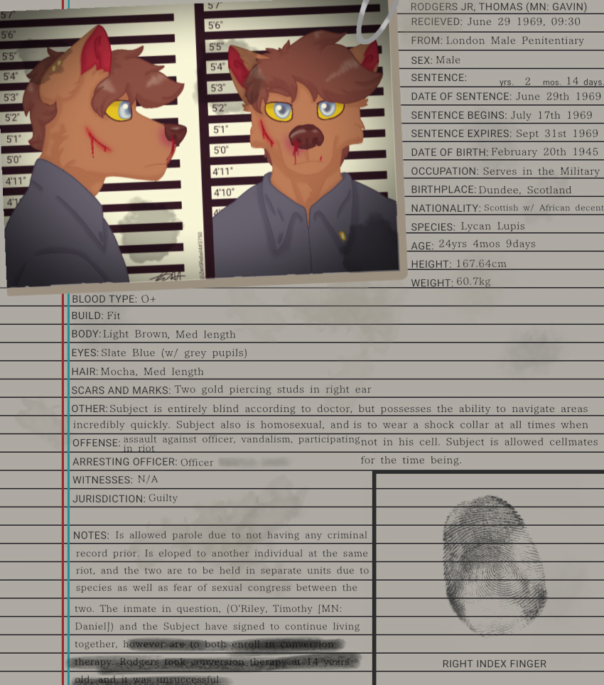 absurd_res anthro blind blood blue_eyes bodily_fluids brown_body brown_fur brown_hair bruised canid canine canis chart clothing digital_drawing_(artwork) digital_media_(artwork) disability document english_text filter fingerprint front_view fur hair height_chart hi_res jumpsuit laceration looking_aside looking_at_viewer looking_away male mammal mugshot nosebleed paper photo piercing polaroid portrait prison prison_jumpsuit prisoner retro side_view solo text thomas_ii_(zer0rebel4) translated were werecanid werecanine werewolf wolf wounded zer0rebel4