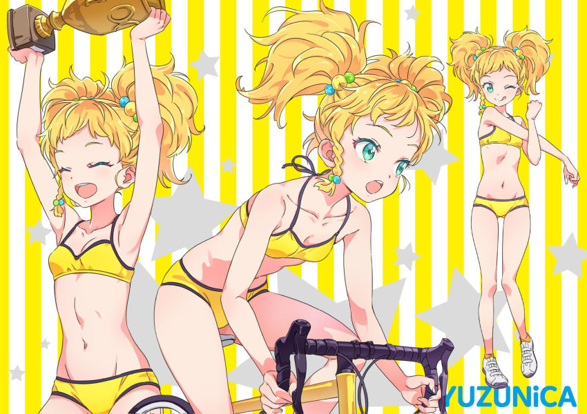 1girl ;q aikatsu!_(series) aikatsu_stars! aqua_eyes armpits arms_up ass_visible_through_thighs bangs bicycle bikini blonde_hair braid breasts closed_eyes closed_mouth commentary_request groin ground_vehicle hair_bobbles hair_ornament highres holding katou_akatsuki looking_at_another medium_hair navel nikaidou_yuzu one_eye_closed open_mouth riding_bicycle side_braid small_breasts smile solo standing starry_background stretch striped striped_background swimsuit tongue tongue_out trophy twintails vertical_stripes yellow_background yellow_bikini