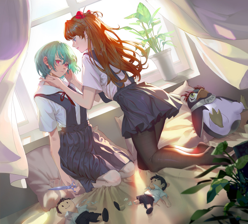 2girls absurdres ayanami_rei backlighting bangs bed bedroom black_legwear blue_eyes blue_hair blue_skirt brown_hair character_doll character_name closed_mouth commentary_request curtains dutch_angle eewing expressionless flower_pot full_body hairpods hands_up head_tilt highres holding holding_scissors ikari_shinji indoors interface_headset kneeling long_hair looking_at_another looking_at_viewer multiple_girls neon_genesis_evangelion no_shoes on_bed pantyhose parted_lips penpen pillow pink_eyes plant potted_plant red_ribbon ribbon school_uniform scissors shirt short_hair short_sleeves skirt smile souryuu_asuka_langley stuffed_animal stuffed_penguin stuffed_toy stuffing suspender_skirt suspenders torn white_shirt window yuri