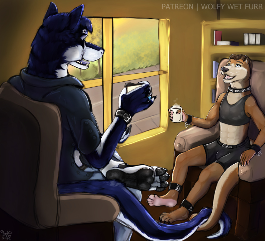 &infin; ankle_cuffs anklet anthro athletic athletic_anthro athletic_male belt beverage blue_body blue_fur bookshelf bottomwear brown_hair canid canine canis casual_clothing chair clock clothing coffee coffee_cup coffee_mug collar crop_top cuffs_(clothing) duo feet fur furniture hair happy hi_res infinite infinite_devotee jewelry lutrine male male/male mammal master/pet mustelid pawpads paws ring shackles shirt shorts silver_eyes silvereyes_valentino size_difference soles steam sunset tail_fetish tail_grab tail_play topwear watch window window_seat wolf wolfywetfurr wolfywetfurr_(artist) wrist_cuff wristwatch
