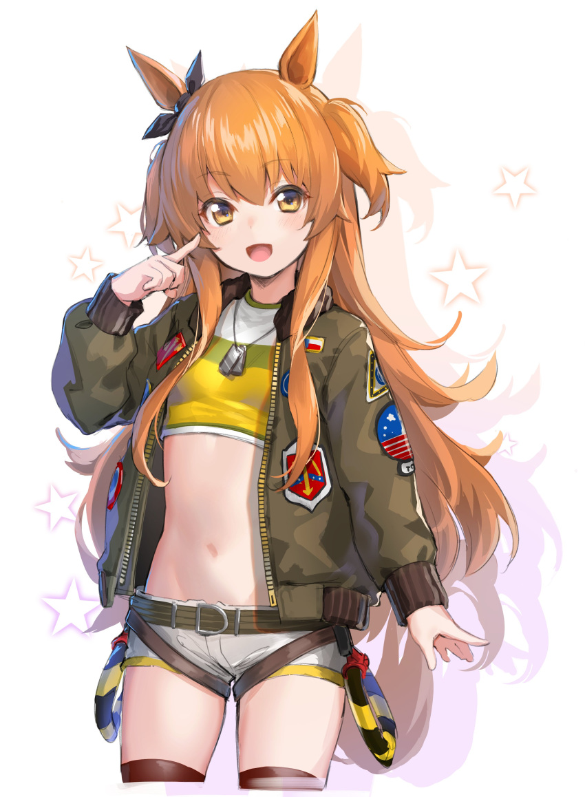 1girl :d absurdres animal_ears belt breasts brown_legwear colored_shadow crop_top cropped_legs deluxe&lt;&lt;&lt; dog_tags green_jacket hand_up highres horse_ears horse_girl horse_tail index_finger_raised jacket long_hair long_sleeves looking_at_viewer mayano_top_gun_(umamusume) micro_shorts midriff navel open_clothes open_jacket open_mouth orange_eyes orange_hair shadow shirt short_shorts shorts simple_background small_breasts smile solo standing stomach tail thighhighs thighs two_side_up umamusume very_long_hair white_background white_shorts yellow_shirt