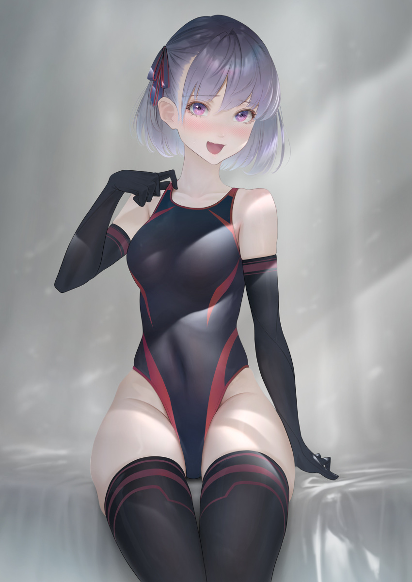 1girl bangs black_gloves black_legwear blush breasts competition_swimsuit elbow_gloves eyebrows_visible_through_hair fate/grand_order fate_(series) gloves hair_ribbon helena_blavatsky_(fate) helena_blavatsky_(swimsuit_archer)_(fate) highleg highleg_swimsuit highres imizu_(nitro_unknown) looking_at_viewer medium_breasts one-piece_swimsuit open_mouth purple_eyes purple_hair ribbon short_hair sitting solo swimsuit thighhighs