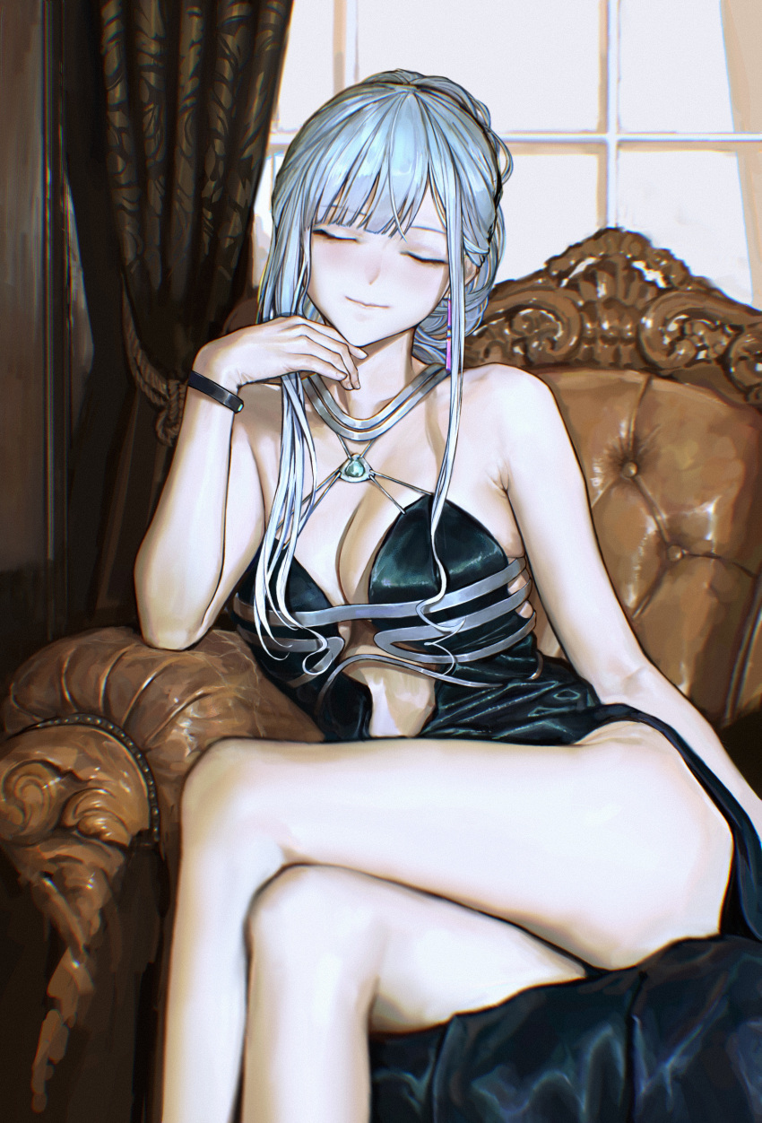 1girl absurdres ak-12_(girls_frontline) bangs bare_shoulders blue_dress bracelet breasts center_opening chair cleavage closed_eyes closed_mouth crossed_legs curtains dress evening_gown eyebrows_visible_through_hair finger_to_own_chin girls_frontline halterneck highres iuui jewelry large_breasts long_hair pale_skin sidelocks silver_hair sitting solo thighs window