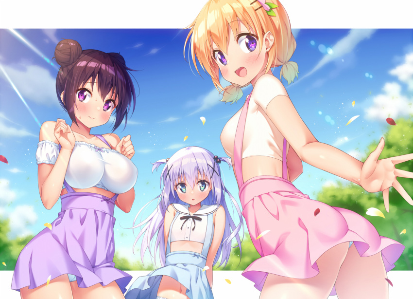 3girls :d alternate_costume alternate_hairstyle ass blue_eyes blue_sky blush breasts cloud commentary day double_bun flat_chest gochuumon_wa_usagi_desu_ka? hair_bun hair_ornament highres hoto_cocoa ichi_makoto kafuu_chino large_breasts looking_at_viewer medium_breasts multiple_girls navel open_mouth outdoors panties pantyshot petals pink_skirt purple_eyes purple_skirt shirt short_hair skirt sky smile standing suspender_skirt suspenders tedeza_rize two_side_up underwear white_panties wind x_hair_ornament