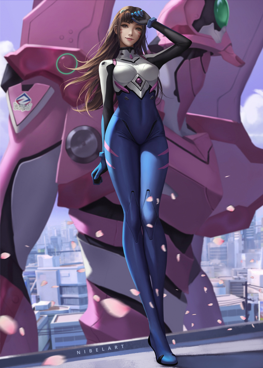 1girl adapted_costume bodysuit breasts brown_hair city covered_navel crossover d.va_(overwatch) full_body highres looking_at_viewer mecha neon_genesis_evangelion nibelart overwatch petals pilot_suit plugsuit smile solo standing whisker_markings