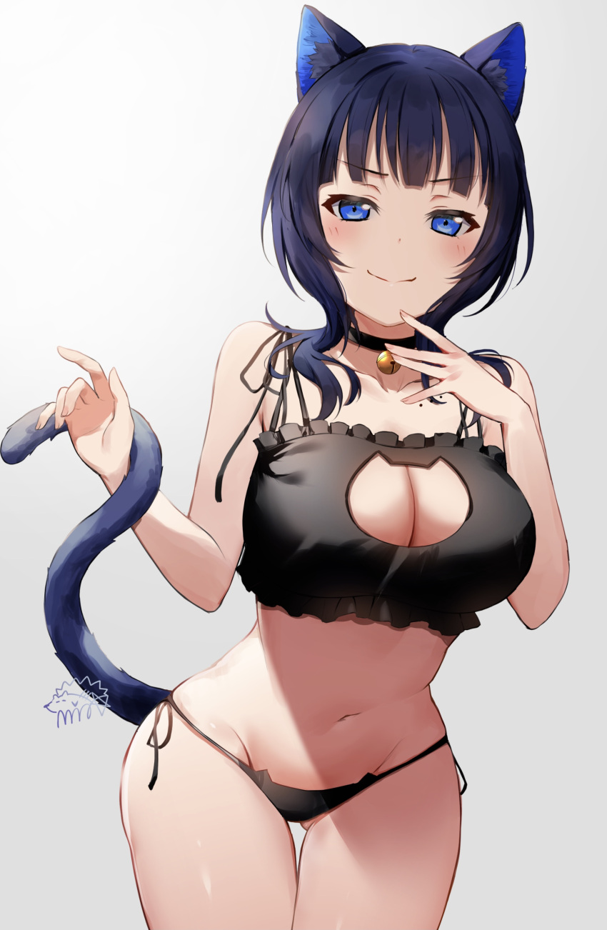 1girl absurdres animal_ears asaka_karin ass_visible_through_thighs bare_arms bare_shoulders bell black_bra black_choker black_hair black_panties blue_eyes bra breasts cat_cutout cat_ear_panties cat_ears cat_girl cat_lingerie cat_tail choker cleavage cleavage_cutout clothing_cutout collarbone cowboy_shot frilled_bra frills groin hands_up highres jingle_bell large_breasts looking_at_viewer love_live! love_live!_nijigasaki_high_school_idol_club medium_hair meme_attire mia_(fai1510) mole navel panties side-tie_panties simple_background smile solo standing stomach string_panties tail tail_raised thigh_gap thighs underwear underwear_only v-shaped_eyebrows white_background