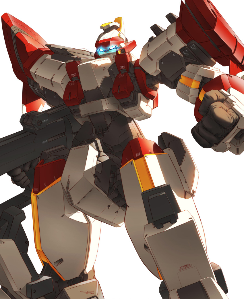 absurdres arm_slave_(mecha) arx-8_laevatein blue_eyes clenched_hand full_metal_panic! gio_tengco glowing glowing_eyes gun highres holding holding_gun holding_weapon looking_down mecha no_humans science_fiction solo weapon white_background