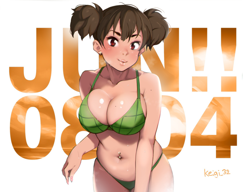 1girl alternate_breast_size bikini blush breasts brown_hair character_name cleavage collarbone cowboy_shot curvy earrings english_commentary fingernails green_bikini jewelry k-on! keigi large_breasts lips mole mole_on_arm mole_on_breast mole_on_leg mole_on_stomach muffin_top multiple_moles nail_polish navel navel_piercing older piercing red_eyes short_hair solo standing steaming_body strap_gap suzuki_jun sweat swimsuit tan thick_eyebrows two_side_up