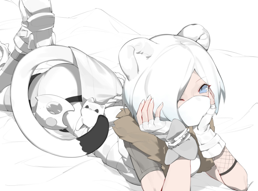 1girl absurdres animal_ears arknights bed_sheet blue_eyes breasts feet_up ferret ferret_ears ferret_girl ferret_tail fingerless_gloves fui_(fui29493452) gloves hands_on_own_cheeks hands_on_own_face highres looking_at_viewer lying mask mask_removed medium_breasts mouth_mask official_alternate_costume on_bed on_stomach one_eye_closed shirayuki_(arknights) shirayuki_(wind_of_breaking_blade)_(arknights) short_hair short_sleeves silver_hair solo towel white_gloves white_nails white_towel
