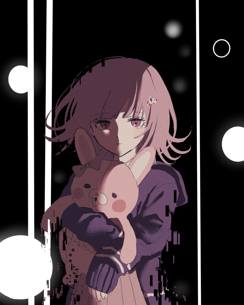 1girl bangs black_background blush_stickers bow commentary_request danganronpa_(series) danganronpa_2:_goodbye_despair diaper digital_dissolve doll_hug ear_bow highres holding hood hood_down hooded_jacket hug jacket long_sleeves looking_at_viewer medium_hair mochi_(yuriraru) monomi_(danganronpa) multicolored multicolored_background nanami_chiaki pink_bow pink_hair purple_jacket skirt sleeves_past_wrists smile solo spaceship_hair_ornament upper_body white_background