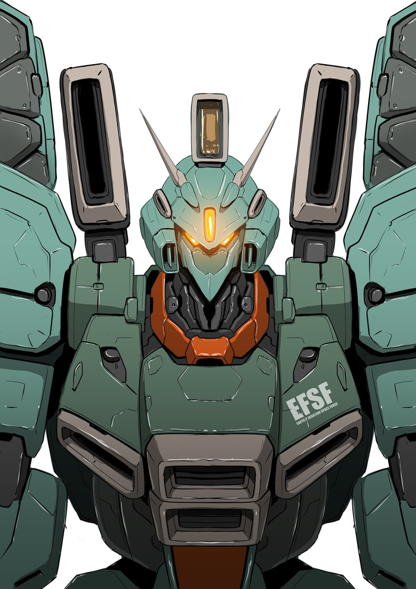 gatakk glowing glowing_eyes gundam gundam_mk_v gundam_sentinel highres looking_at_viewer mecha mobile_suit no_humans orange_eyes science_fiction shadow solo upper_body white_background