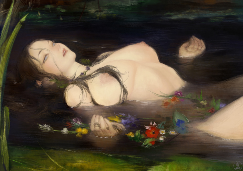 1girl arched_back black_hair blue_eyes breasts breasts_apart censored commentary completely_nude fine_art_parody floating flower forehead large_breasts long_hair lying nat_the_lich nipples novelty_censor nude on_back ophelia_(painting) original pale_skin pandora_(nat_the_lich) parody parted_lips solo water
