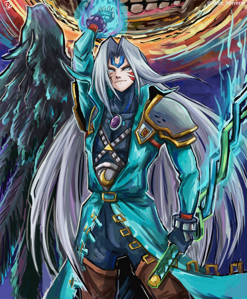 alternate_color alternate_eye_color armor aura belt_buckle blank_eyes blue_jacket bodysuit bodysuit_under_clothes boots buckle chest_jewel chest_strap crescent double_helix evil_smile facial_tattoo feathers fierce_deity final_fantasy final_fantasy_vii gem highres holding holding_sword holding_weapon jacket long_hair long_sleeves long_sword moon moon_(majora's_mask) pauldrons possessed sephiroth shirt shoulder_armor signature smile stoic_seraphim strap super super_smash_bros. sword tattoo the the_legend_of_zelda the_legend_of_zelda:_majora's_mask weapon white_shirt wings wrist_guards