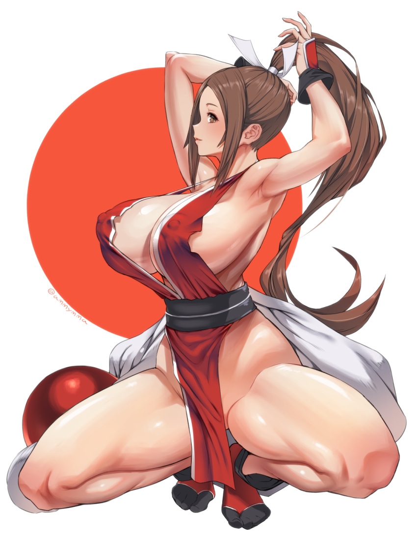 1girl amamiya_(abaros) armpits arms_up bare_shoulders black_legwear breasts brown_hair cleavage covered_nipples fatal_fury hair_tie hand_on_head high_ponytail highres huge_breasts long_hair ninja no_bra pelvic_curtain ponytail puffy_nipples revealing_clothes sash shiranui_mai sideboob sidelocks socks squatting tabi the_king_of_fighters thighs white_background