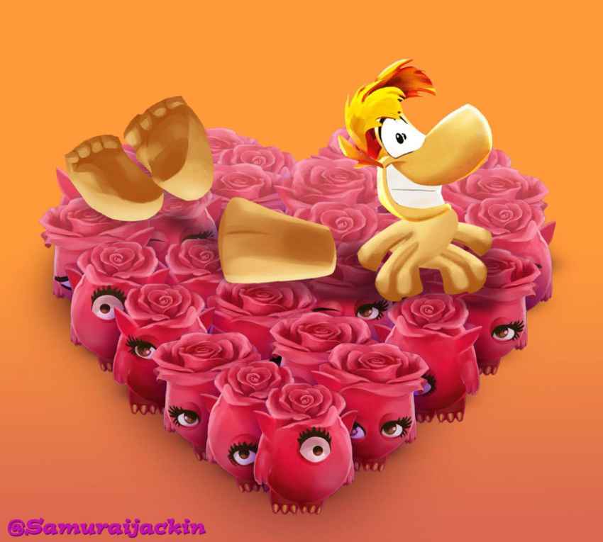 barefoot butt disembodied_head edit feet flower holidays humanoid male nude plant pose rayman rayman_(series) rose_(flower) samuraijackin smile solo ubisoft valentine's_day video_games