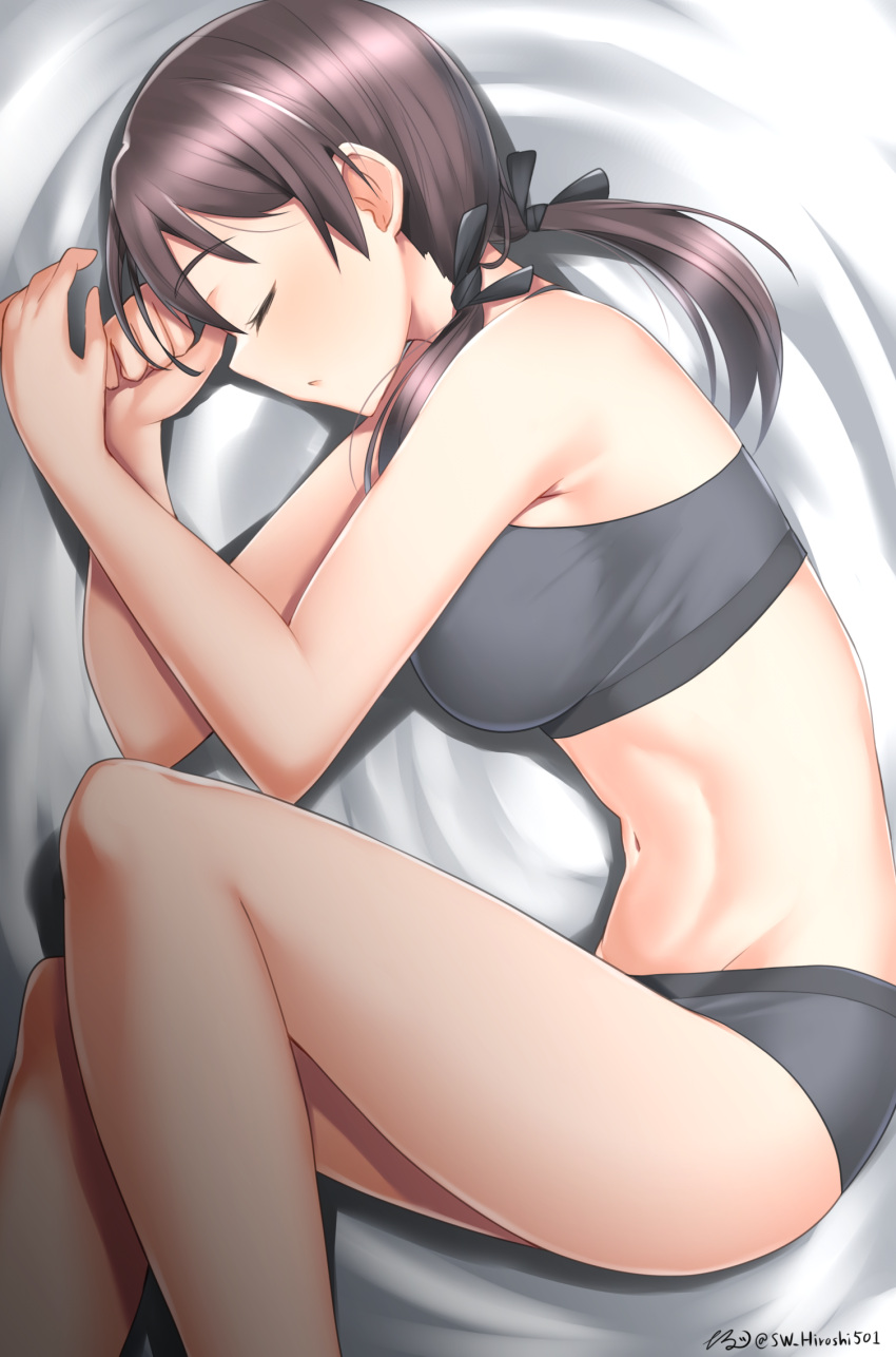 1girl artist_name blush breasts brown_hair closed_eyes eyebrows_visible_through_hair gertrud_barkhorn grey_panties grey_sports_bra groin hair_ornament hair_ribbon highres hiroshi_(hunter-of-kct) large_breasts lying navel on_side open_mouth panties ribbon shiny shiny_hair sleeping solo sports_bra strike_witches twintails underwear underwear_only world_witches_series