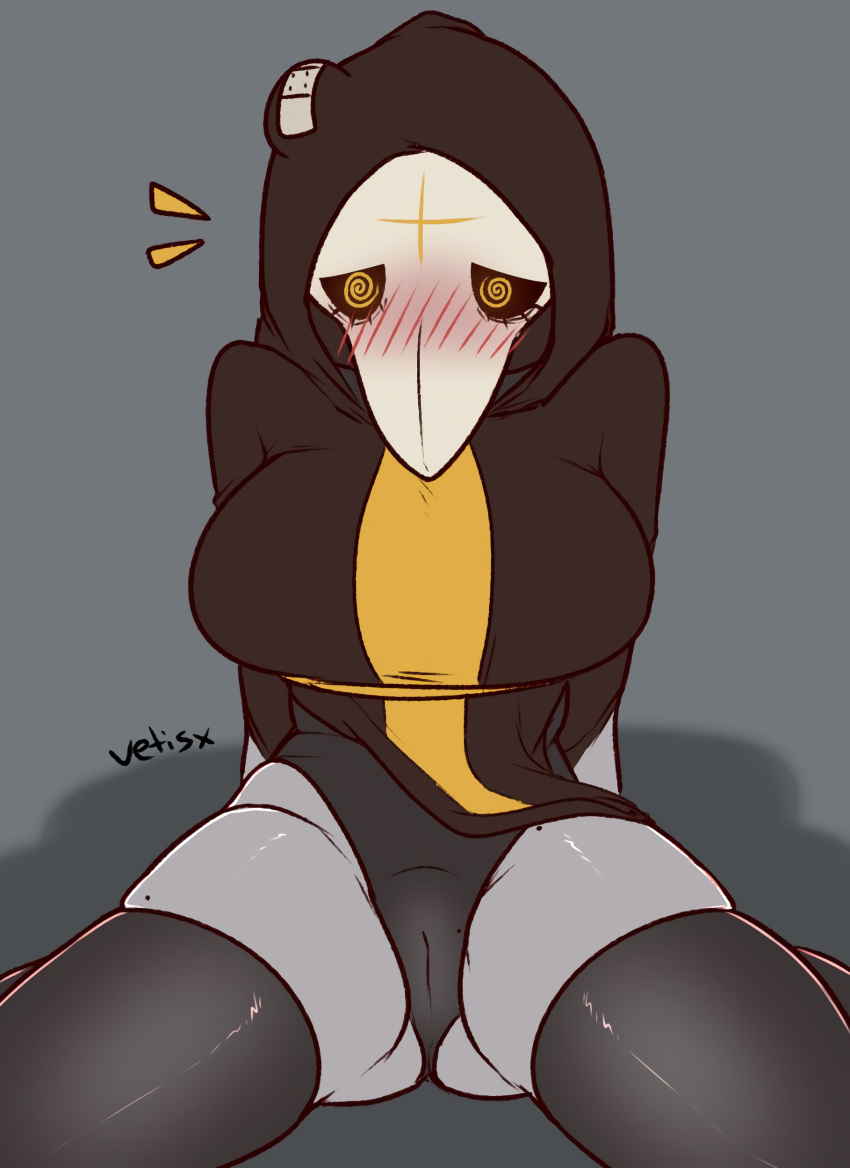 2019 absurd_res big_breasts blush breasts bump camel_toe clothed clothing female fully_clothed glistening grey_background grey_body grey_skin hi_res huge_breasts humanoid margaret_(vetisx) mask plague_doctor presenting simple_background solo underwear vetisx wide_hips yellow_eyes