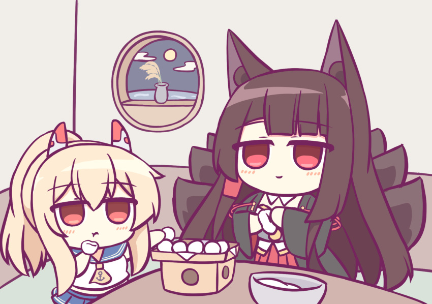 2girls akagi_(azur_lane) animal_ear_fluff animal_ears ayanami_(azur_lane) azur_lane black_kimono blonde_hair blue_sailor_collar blue_skirt brown_hair brown_tail chibi eating eyebrows_visible_through_hair fox_ears fox_tail hair_between_eyes headgear indoors japanese_clothes kashimu kimono kitsune kyuubi miniskirt multiple_girls multiple_tails open_clothes open_kimono pleated_skirt red_eyes red_skirt sailor_collar shirt skirt skirt_under_kimono table tail tsukimi white_shirt wide_sleeves