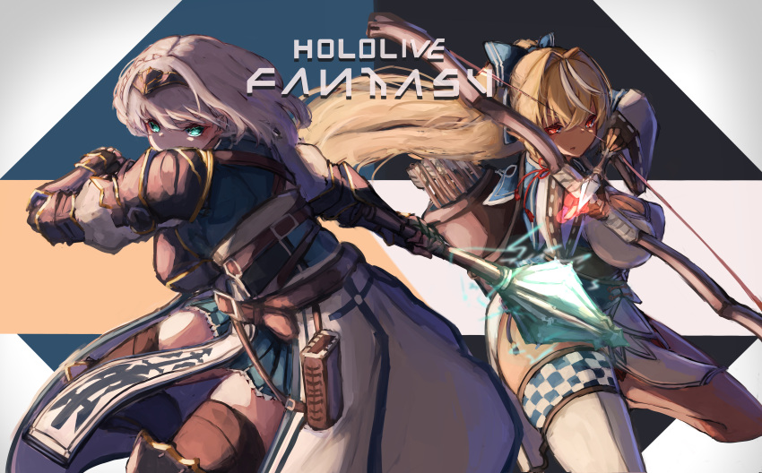 2girls absurdres armor arrow_(projectile) battle bow_(weapon) breasts chest_guard copyright_name cowboy_shot drawing_bow fighting_stance gauntlets greaves highres holding holding_bow_(weapon) holding_weapon hololive hololive_fantasy inre_kemomimi knee_up large_breasts leg_up looking_at_viewer mace miniskirt multiple_girls quiver shiranui_flare shirogane_noel shoulder_armor skindentation skirt spaulders thick_thighs thighhighs thighs virtual_youtuber waist_cape weapon