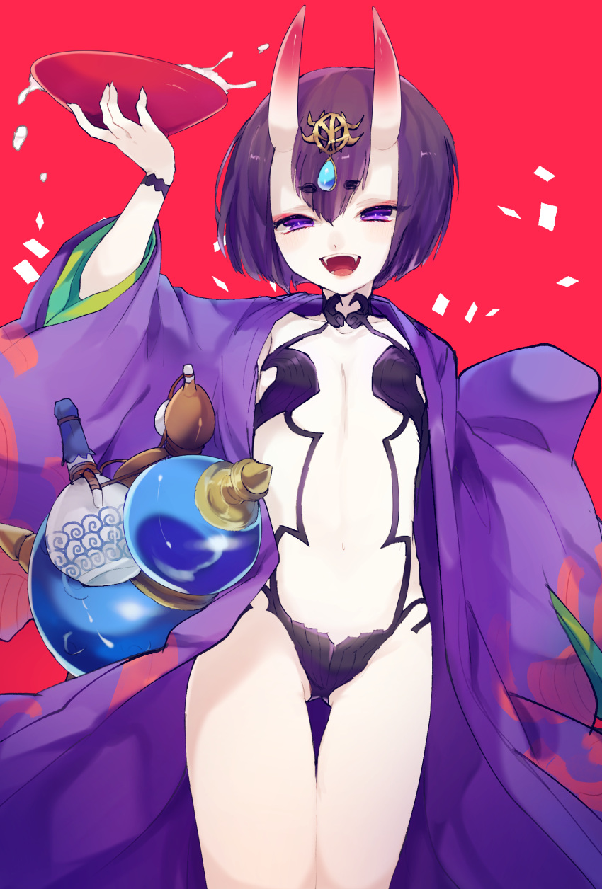 1girl arm_up ass_visible_through_thighs bangs blush bob_cut bottle bowl collarbone commentary_request confetti cowboy_shot cup eyebrows_visible_through_hair eyeshadow fangs fate/grand_order fate_(series) flat_chest gem gourd groin hair_ornament half-closed_eyes happy highres holding holding_bowl horns japanese_clothes kimono light_blush long_sleeves looking_at_viewer makeup makoto_(konbumi) navel oni_horns open_clothes open_kimono open_mouth pale_skin purple_eyes purple_hair purple_kimono red_background red_eyeshadow revealing_clothes sakazuki sapphire_(gemstone) shiny shiny_hair short_hair shuten_douji_(fate) sidelocks simple_background smile solo standing stomach thigh_gap tongue wide_sleeves