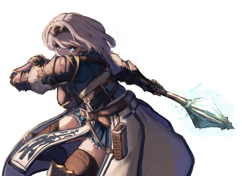 1girl absurdres armor belt belt_pouch black_hairband black_legwear blue_skirt braid breasts brown_belt chest_guard cowboy_shot determined fighting_stance french_braid gauntlets greaves green_eyes hairband highres holding holding_weapon hololive hololive_fantasy inre_kemomimi knee_up large_breasts leather_belt leg_up looking_at_viewer mace miniskirt pouch shirogane_noel short_hair shoulder_armor silver_hair simple_background skindentation skirt solo spaulders thighhighs thighhighs_under_boots virtual_youtuber waist_cape weapon white_background