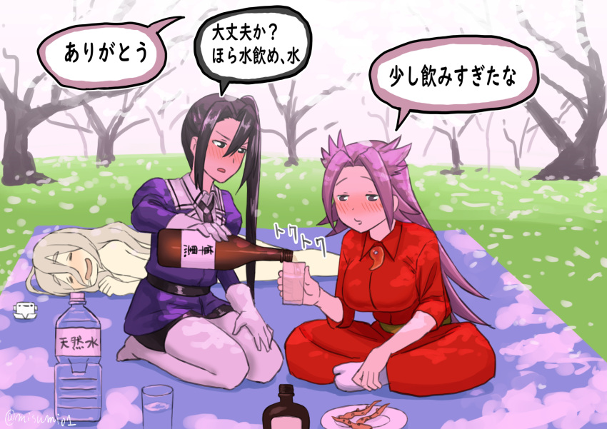 3girls absurdly_long_hair alcohol black_hair black_skirt blush bottle brown_eyes cherry_blossoms closed_eyes commentary_request cup drinking_glass drunk food gloves grey_hair hanami hat highres indian_style jacket jun'you_(kancolle) kantai_collection long_hair long_sleeves lying magatama mini_hat misumi_(niku-kyu) multiple_girls nachi_(kancolle) nude on_stomach open_mouth pantyhose picnic plate pola_(kancolle) purple_eyes purple_hair purple_jacket sake sake_bottle seiza side_ponytail sitting skirt spiked_hair translation_request tree very_long_hair wavy_hair white_gloves white_headwear white_legwear