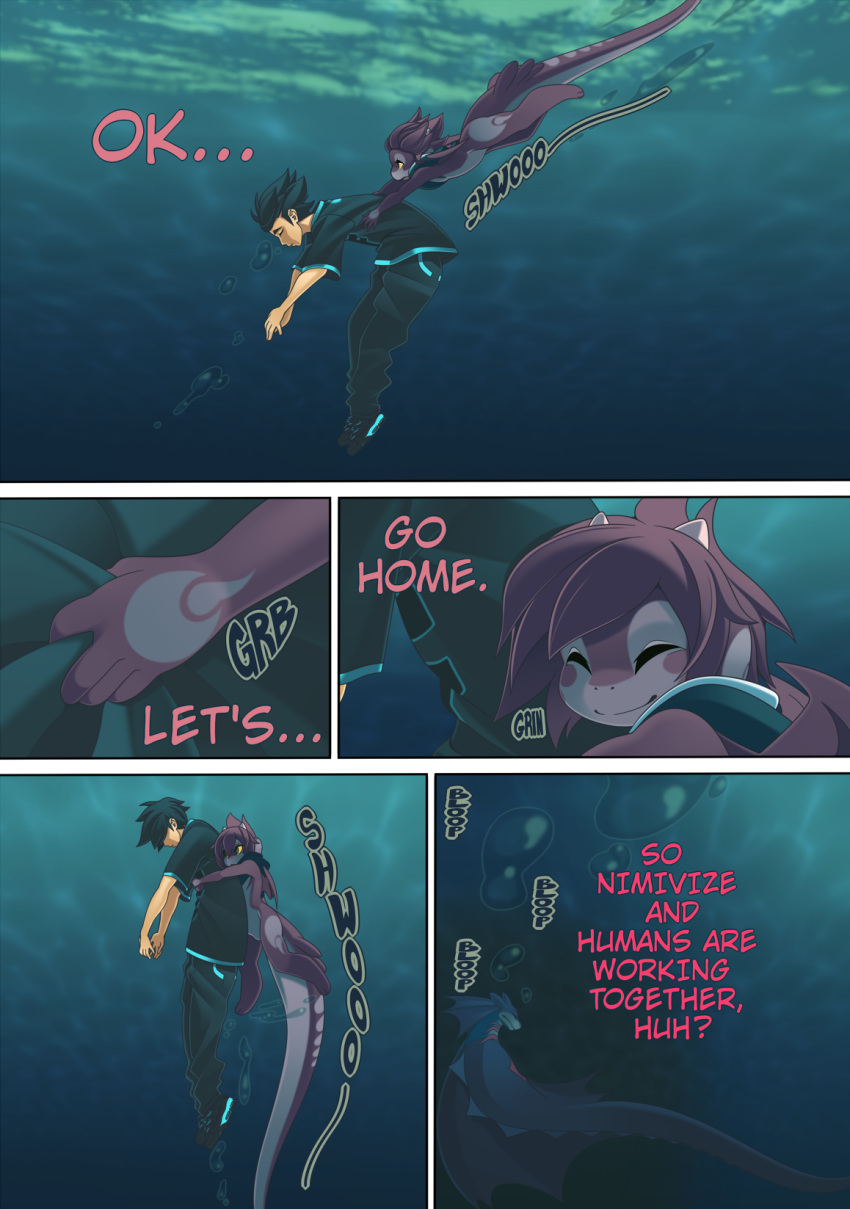 anthro berkel_(rudragon) black_hair clothed clothing comic digital_media_(artwork) dragon english_text eyes_closed hair hi_res horn human male mammal membrane_(anatomy) membranous_wings red_body red_hair red_skin ru_(rudragon) rudragon text troy_(rudragon) underwater water wings