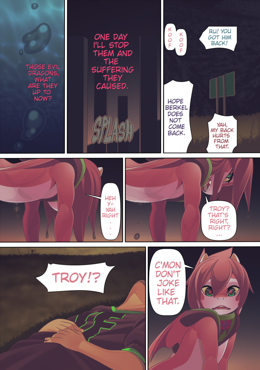 anthro clothed clothing comic detailed_background digital_media_(artwork) dragon english_text grass green_eyes hair hi_res horn human male mammal membrane_(anatomy) membranous_wings night open_mouth outside plant red_body red_hair red_skin ru_(rudragon) rudragon teeth text tongue troy_(rudragon) wings