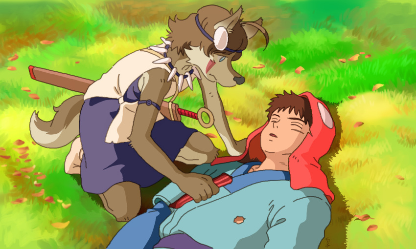 2016 5:3 anthro ashitaka brown_body brown_fur brown_hair canid canine canis clothed clothing crossover day duo eyes_closed fully_clothed fur ghibli grass hair hi_res human kneeling looking_at_another looking_down lying male mammal melee_weapon morenatsu on_back outside plant princess_mononoke san_(princess_mononoke) scabbard sheathed_weapon shirako short_hair shun_(morenatsu) sword video_games visual_novel weapon wolf