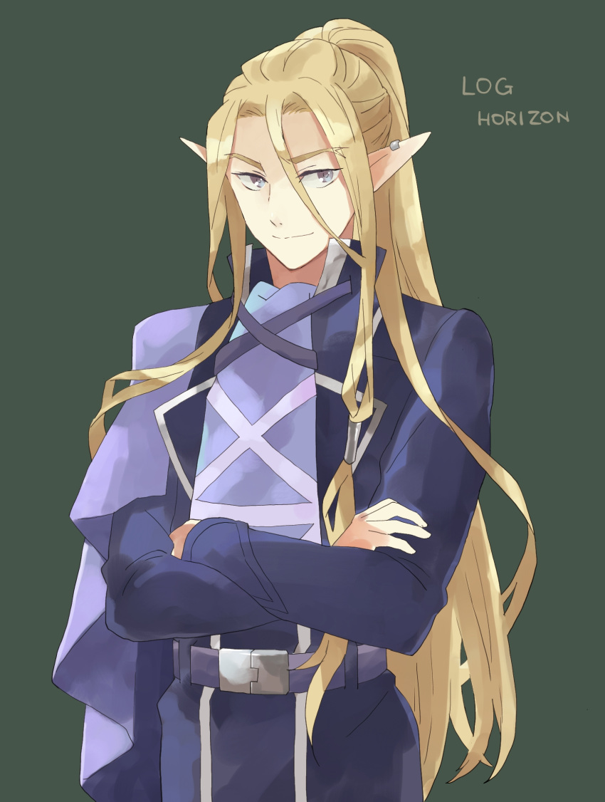 1boy belt blonde_hair copyright_name crossed_arms ear_piercing elf green_background highres log_horizon long_hair long_sleeves looking_at_viewer male_focus piercing pointy_ears silver_eyes simple_background smile solo standing tetena18 very_long_hair william_massachusetts