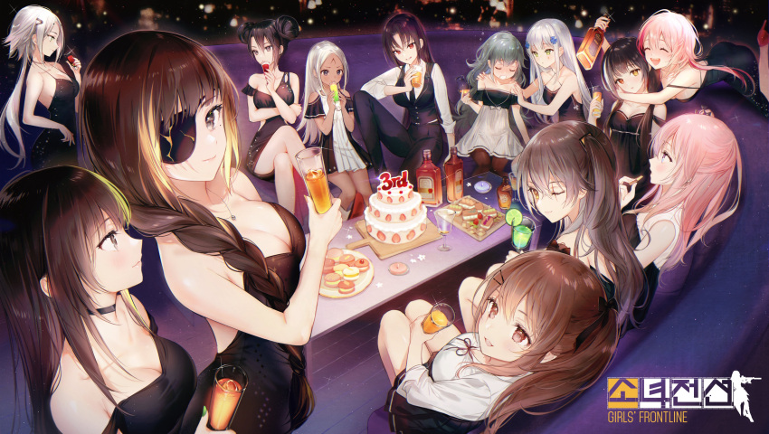 404_(girls_frontline) 6+girls absurdres agent_(girls_frontline) alcohol alternate_costume anniversary anti-rain_(girls_frontline) black_dress bottle breasts cake cleavage coaster cup dress drinking drinking_glass drunk elisa_(girls_frontline) executioner_(girls_frontline) food formal g11_(girls_frontline) girls_frontline gomzi highres hk416_(girls_frontline) hunter_(girls_frontline) jack_daniel's m16a1_(girls_frontline) m4_sopmod_ii_(girls_frontline) m4a1_(girls_frontline) macaron multiple_girls official_art plate ro635_(girls_frontline) sangvis_ferri siblings sisters sleepy st_ar-15_(girls_frontline) suit twins ump45_(girls_frontline) ump9_(girls_frontline) wine_bottle wine_glass