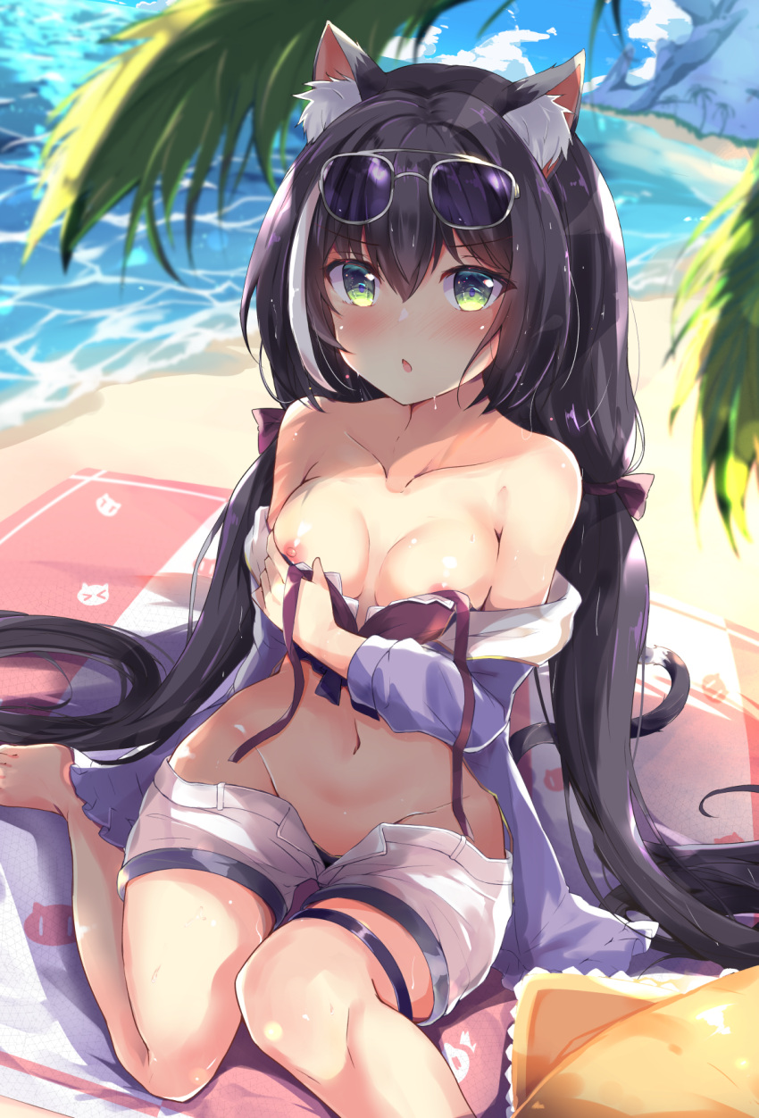 1girl animal_ear_fluff animal_ears bangs bare_shoulders barefoot bikini bikini_under_clothes black_bikini black_hair blush breasts cat_ears cat_girl cat_tail collarbone commentary_request day eyebrows_visible_through_hair eyewear_removed green_eyes grey-framed_eyewear groin hair_between_eyes highres hinata_yuu_(atelierhinata) jacket karyl_(princess_connect!) long_hair looking_at_viewer low_twintails medium_breasts navel nipples ocean off_shoulder open_clothes open_fly open_shorts outdoors palm_tree parted_lips princess_connect! princess_connect!_re:dive purple-tinted_eyewear purple_jacket short_shorts shorts solo sunglasses swimsuit tail tree twintails very_long_hair water white_shorts