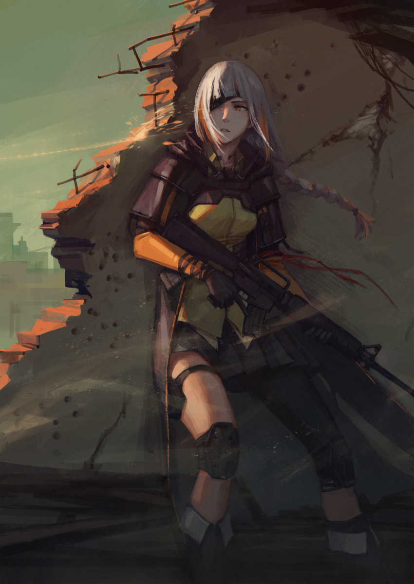 1girl absurdres against_wall arm_ribbon armor assault_rifle asymmetrical_legwear bangs black_footwear black_gloves blonde_hair blunt_bangs boots braid bullet_hole cityscape commentary concrete crack cracked_wall eyepatch girls_frontline gloves green_shirt grey_skirt gun highres holding holding_gun holding_weapon huge_filesize knee_pads long_hair m16a1 m16a1_(girls_frontline) m16a1_(girls_frontline)_(boss) multicolored_hair pleated_skirt pouch rebar red_ribbon ribbon ricocheting rifle rubble ruins shirt shoulder_armor sidelocks silver_hair single_braid skirt solo sparks streaked_hair thigh_strap viscum weapon wind yellow_eyes