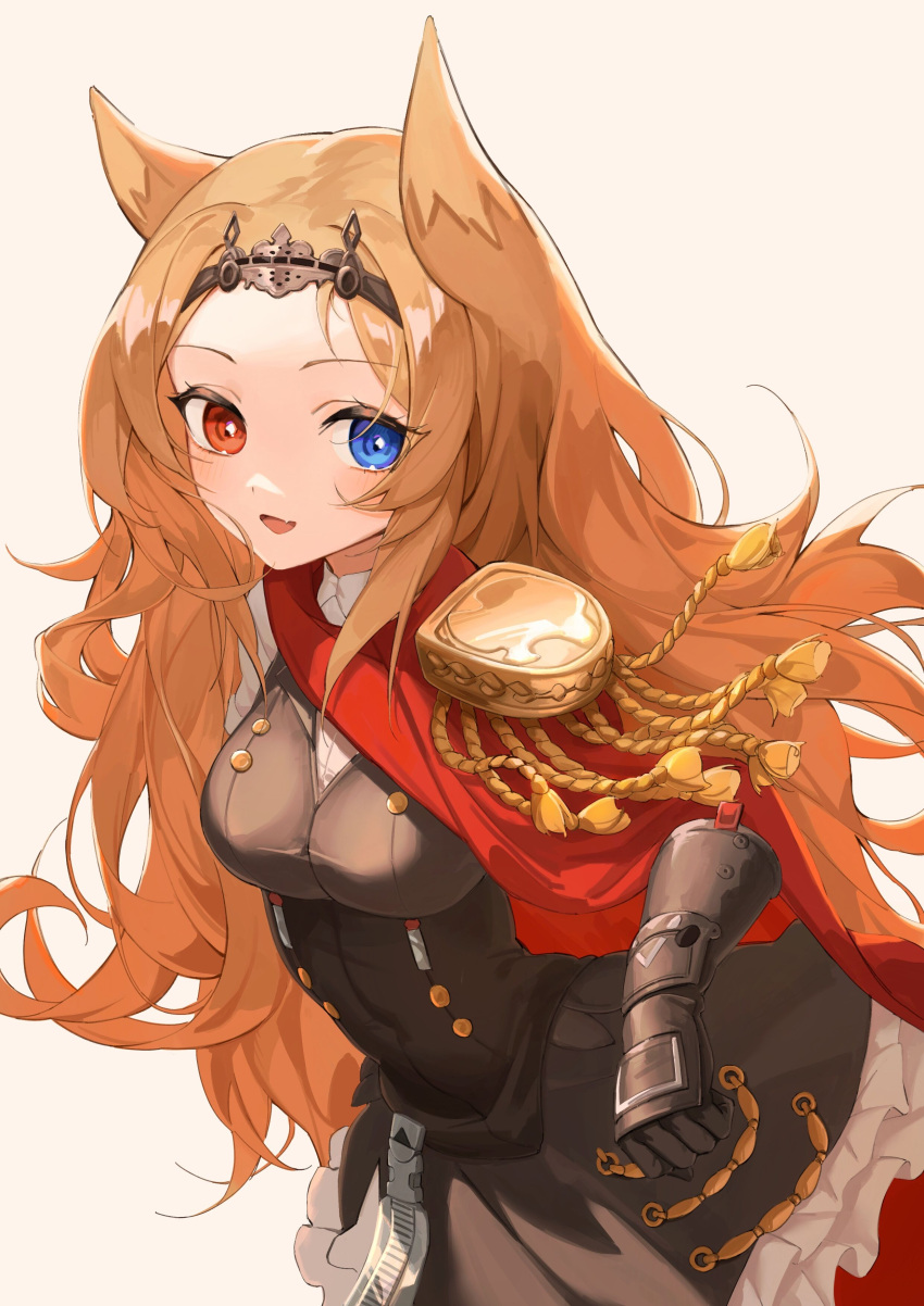absurd_res animal_humanoid archetto_(arknights) arknights blue_eyes brown_hair cloak clothed clothing dress glistening glistening_hair hair happy heterochromia hi_res humanoid hypergryph long_hair looking_at_viewer open_mouth red_eyes ruiler studio_montagne tassle translucent translucent_hair video_games
