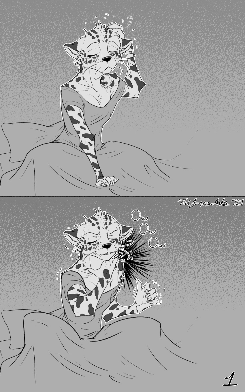 2021 5_fingers absurd_res anthro beastars bed bed_covers bedding bite_mark breasts cheetah claws cleavage clenched_teeth clothed clothing comic eyes_closed fangs felid feline female finger_claws fingers fur furniture greyscale hi_res holding_shoulder mammal monochrome morning_after off_shoulder on_bed pain pillow scratching scratching_head shaking shiira_(beastars) signature sitting sitting_on_bed sitting_up sleepwear solo spots spotted_body spotted_fur taiarts teeth tired trembling under_covers waking_up whiskers