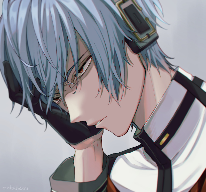 1boy angry black_gloves blue_hair close-up coat commentary general_(module) glaring gloves hand_in_hair headphones kaito male_focus nokuhashi parted_lips portrait project_diva_(series) red_eyes unhappy_refrain_(vocaloid) vocaloid white_coat