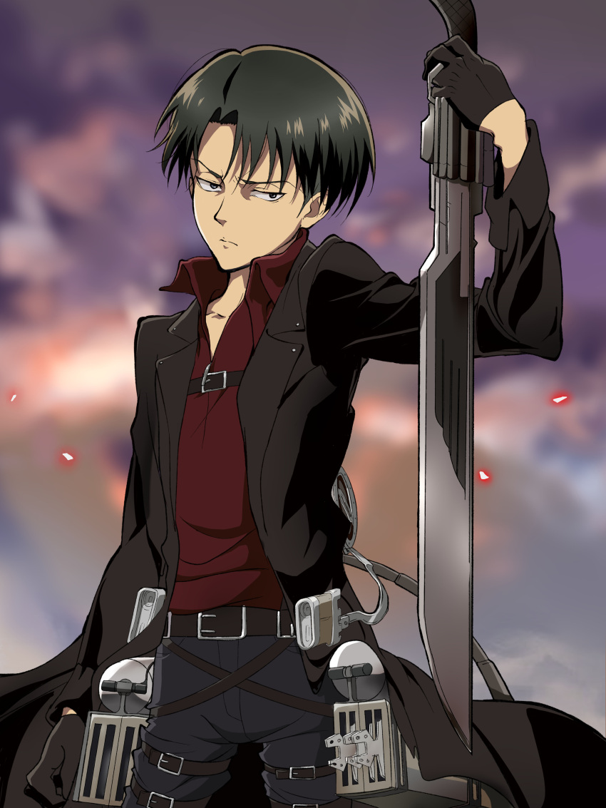 1boy absurdres belt black_gloves black_hair black_jacket black_pants blurry blurry_background closed_mouth eren_yeager furrowed_eyebrows gloves green_eyes hair_strand highres holding holding_sword holding_weapon jacket looking_at_viewer micaoz official_style pants red_shirt sanpaku shingeki_no_kyojin shirt solo standing sword thigh_strap three-dimensional_maneuver_gear trench_coat weapon