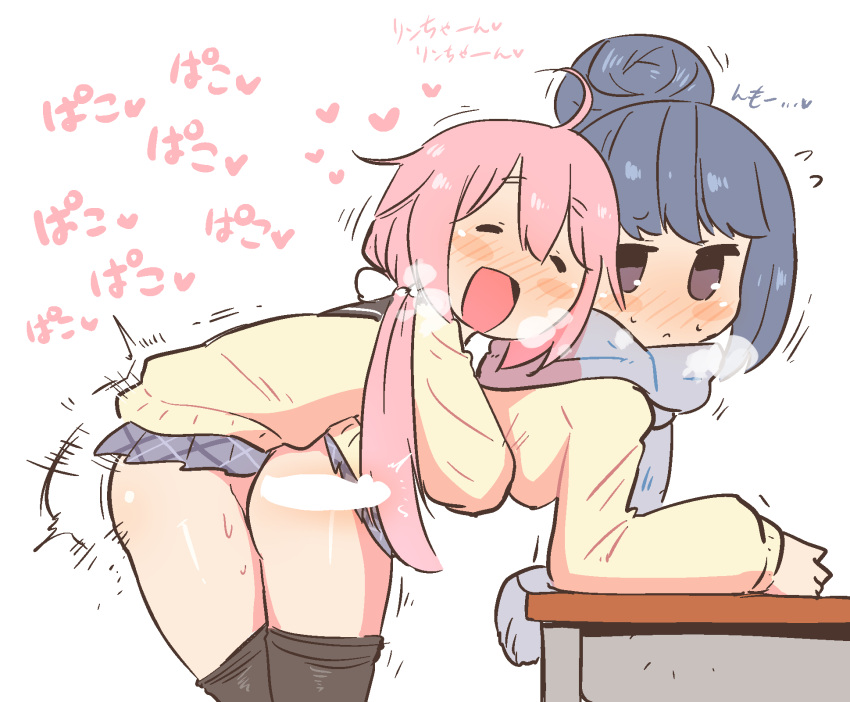 2girls ^_^ ^o^ arm_support ass blue_hair blush blush_stickers closed_eyes closed_mouth commentary_request flying_sweatdrops futa_with_female futanari heart highres kagamihara_nadeshiko multiple_girls no_panties open_mouth penis pink_hair pleated_skirt rariatto_(ganguri) scarf sex sex_from_behind shima_rin simple_background skirt smile standing standing_sex table translation_request white_background yurucamp