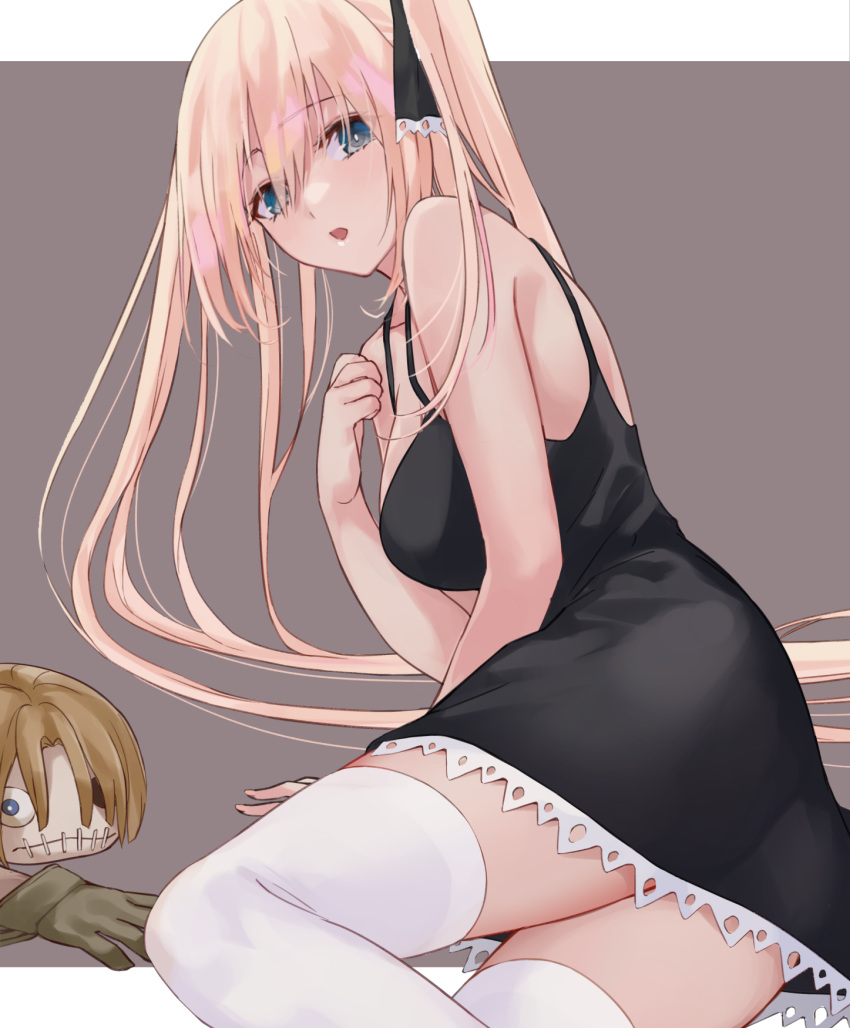 1girl arm_support bangs bare_shoulders black_dress blonde_hair blue_eyes breasts doll dress hand_on_own_chest highres long_hair looking_at_viewer looking_to_the_side marion_phauna mexifime open_mouth outside_border shaman_king simple_background sitting solo spaghetti_strap stitched_mouth stitches thighhighs thighs very_long_hair white_legwear zettai_ryouiki