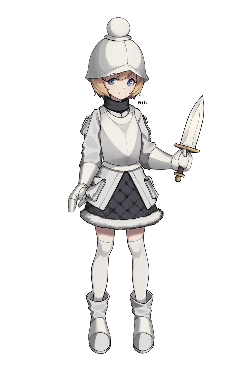 1girl absurdres armor armored_dress artist_name blonde_hair blue_eyes board_game boots chess doodle ellu gauntlets helmet highres long_sleeves looking_at_viewer original pawn_(chess) personification pocket short_hair smile sword thighhighs thighhighs_under_boots weapon white_background white_footwear white_legwear