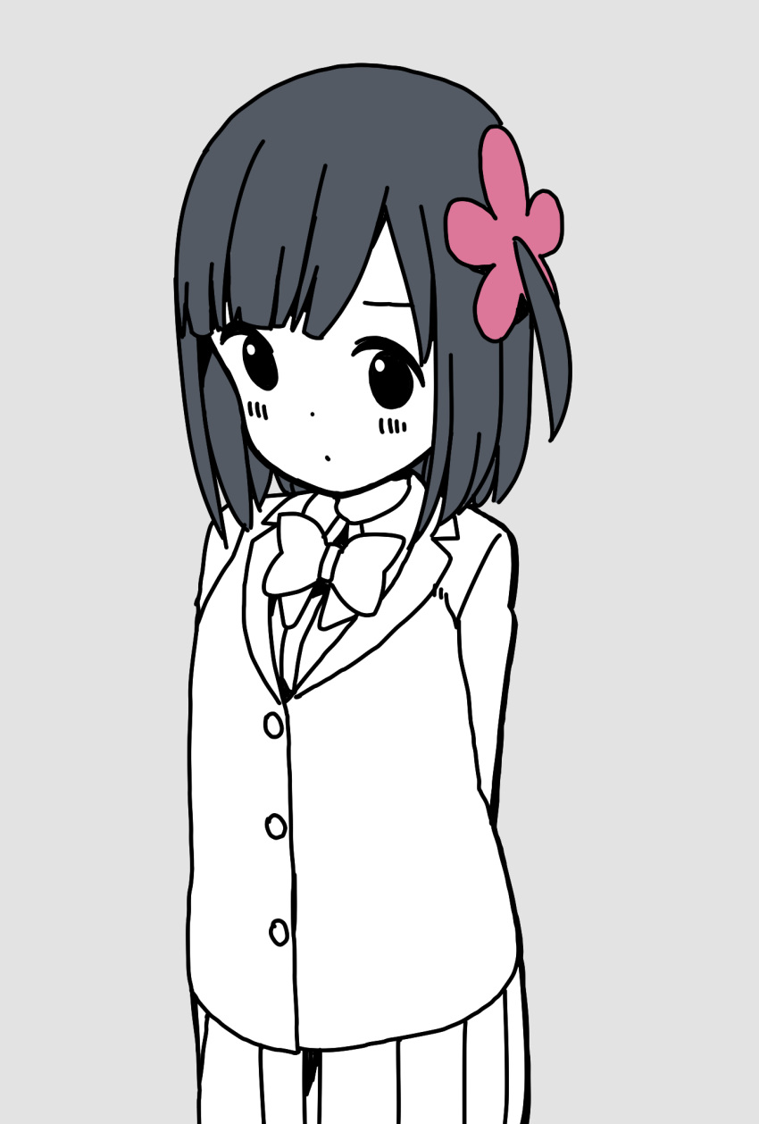 1girl alternate_hairstyle arms_behind_back bangs blazer blunt_bangs blush bow bowtie buttons closed_mouth collared_shirt commentary_request dot_mouth dot_nose expressionless flower grey_background hair_flower hair_ornament highres hitoribocchi_no_marumaru_seikatsu jacket katsuwo_(cr66g) kurai_kako long_sleeves looking_at_viewer medium_hair pink_flower pleated_skirt school_uniform shirt simple_background skirt solo spot_color standing